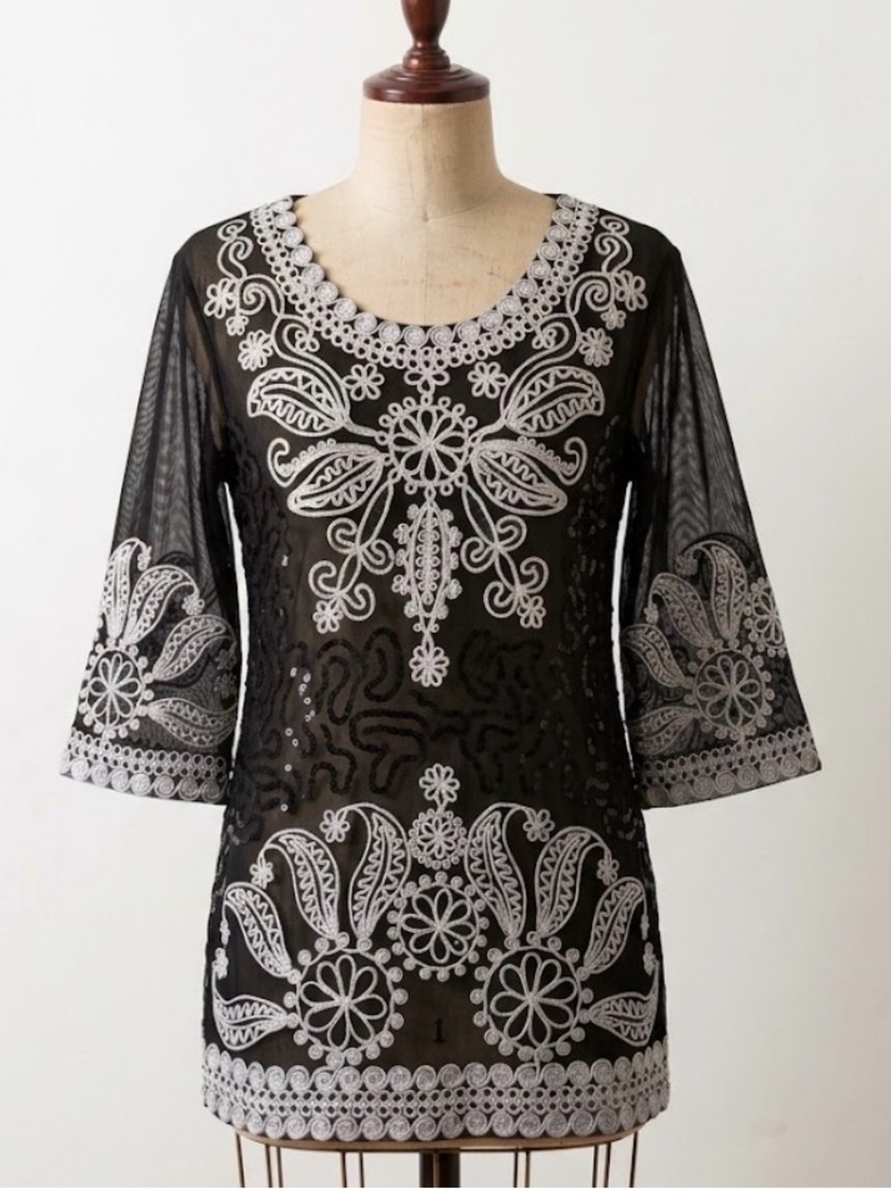 Embroidered Sequin Flowy Blouse Tunic Top Boho Whimsigoth M/L NA NU RI Black